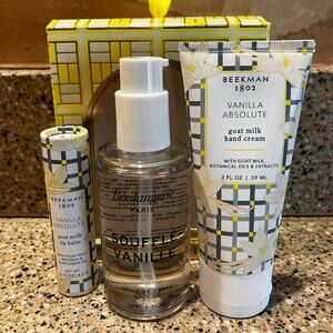 Beekman 1802 Set of Vanilla Absolute Lip Balm , Body Oil , and Hand Creme! NEW